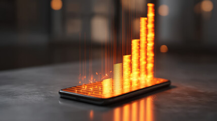 Smartphone displaying glowing bar graph, symbolizing growth and progress in data analytics. vibrant orange bars rise above screen, creating dynamic visual representation of success and innovation