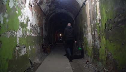 A lone figure navigates a dimly lit, decaying tunnel, revealing peeling paint and an eerie atmosphere.