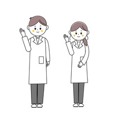 案内のポーズをする白衣を着た男女の全身イラスト