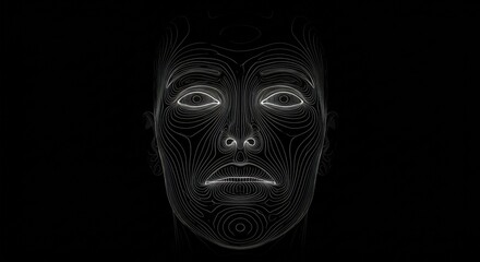 Abstract face represented by contour lines, creating a minimalist, futuristic, and ethereal digital artwork against a black backdrop.
