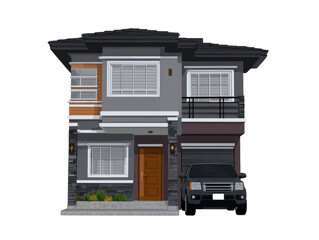Modern house two story residential exterior car driveway window door balcony garage contemporary urban architecture family home building real estate property facade front yard landscaping suburban