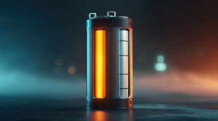 Futuristic battery with glowing orange section, showcasing sleek design and modern aesthetic. background features moody atmosphere with soft lighting, enhancing technological feel