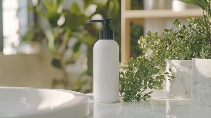 White plastic pump bottle on a bathroom countertop amidst green plants and natural sunlight