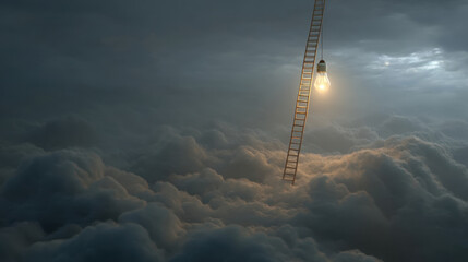 Obraz premium Surreal scene featuring ladder extending into cloudy sky, with glowing light bulb hanging from top. atmosphere is mystical and dreamlike, evoking feelings of wonder and curiosity