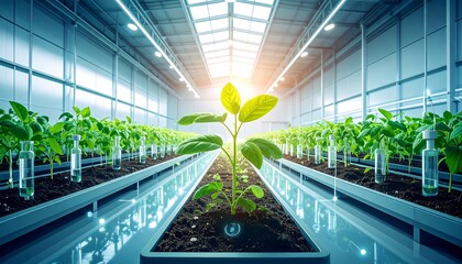 A modern, technologically advanced greenhouse showcasing rows of thriving young plants in controlled environment agriculture.