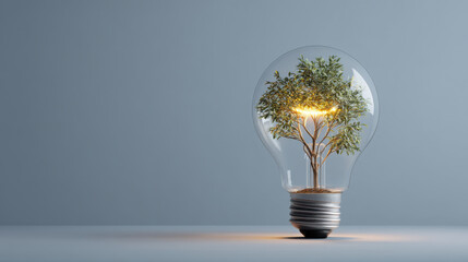 Light bulb encasing small tree symbolizes fusion of nature and technology, representing sustainability and innovation. glowing light enhances serene atmosphere, evoking sense of hope and growth