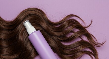Shiny brown hair with spray bottle on pastel purple background, used for styling and treating, promoting care for radiant locks