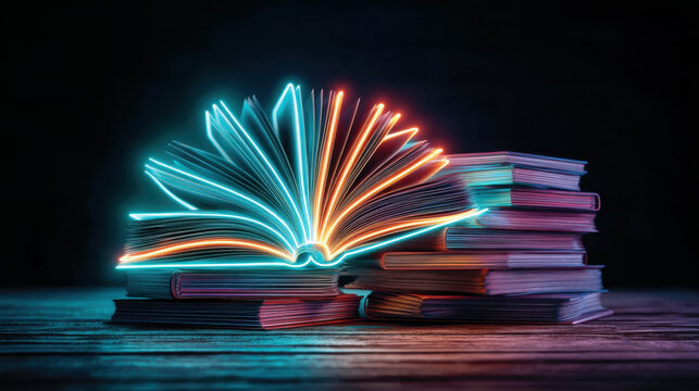 Illuminated book with glowing pages is surrounded by stacks of books, creating vibrant and enchanting atmosphere. contrast of light against dark background evokes sense of wonder and curiosity