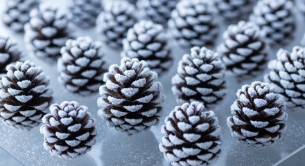 Frosted Pine Cones Arrangement on Silver Surface Winter Holiday Decor