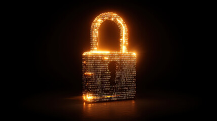 Glowing padlock made of binary code symbolizes digital security and protection. bright lights create striking contrast against dark background, evoking sense of safety and innovation