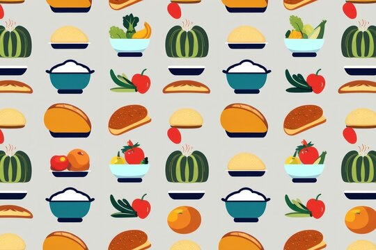 A vibrant and colorful seamless pattern featuring a variety of food icons such as vegetables, fruits, and grains for a culinary background
