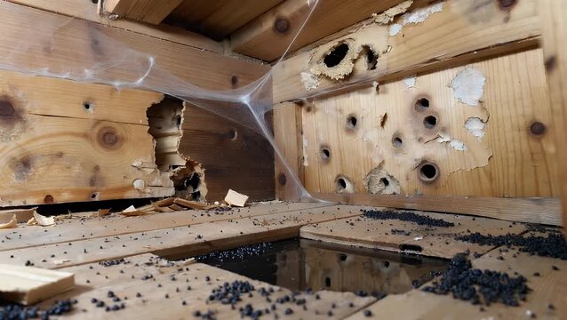 cinematic 4K ultra detailed close up showing black sand like termite droppings left behind as clear evidence of severe infestation symbolizing property destruction urgent home damage the desperate