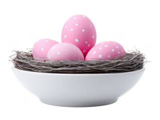 Pink egg polka dot nest white bowl Easter spring decoration celebration holiday cheerful festive isolated closeup pastel arrangement creative design traditional symbol happiness
