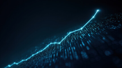 Glowing blue line graph represents data trends, showcasing upward movement against dark background. This conveys sense of progress and success in analytics
