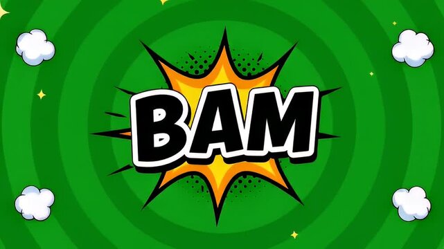 Energetic graphic of cartoon speech bubble with the word bam on green background