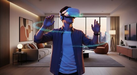 Man wearing vr headset interacting with virtual reality in a modern living room setting
