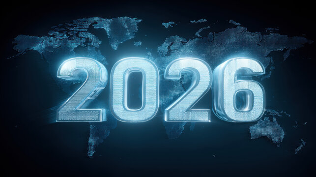 2026 represents futuristic vision with glowing digital effect, set against world map background. This conveys innovation and global connectivity, symbolizing advancements technology