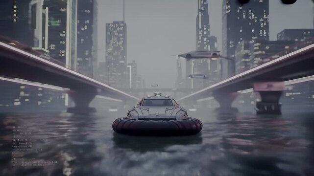 Futuristic cityscape view with a dark hovercraft vehicle on water under bridges and towering buildings against a gray sky, rendered in a pixel art style.