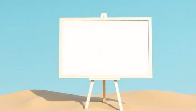 Display Mockup: Blank Whiteboard in the Sand with Blue Wall Background
