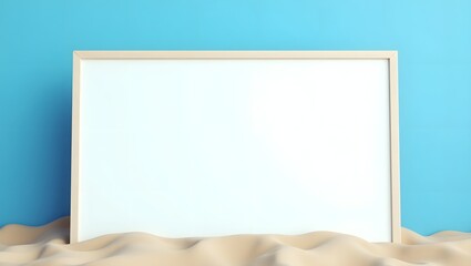 Display Mockup: Blank Whiteboard in the Sand with Blue Wall Background