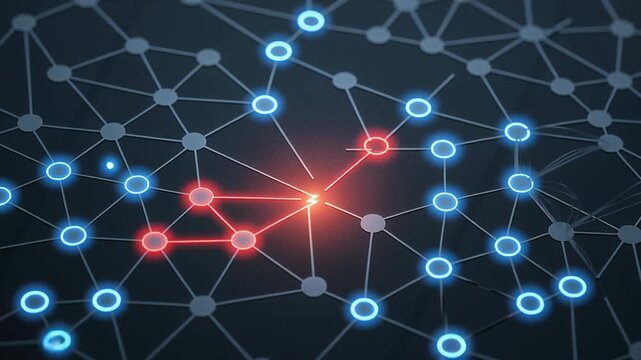 Power outage network connection disruption with glowing red and blue nodes and broken link symbol representing technology flow and node disruption