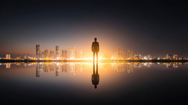 Silhouette of man stands against vibrant city skyline at night, reflecting on calm water. scene evokes sense of solitude and contemplation amidst urban beauty