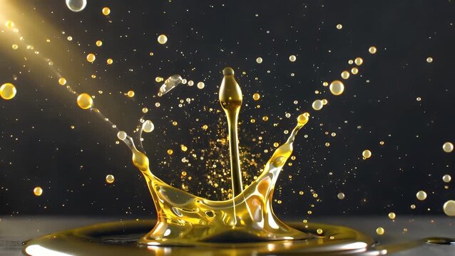 cinematic 4K super slow motion macro footage of golden oil drops splashing dramatically against black background filmed at 1000fps with abstract liquid forms creating mesmerizing visual textures