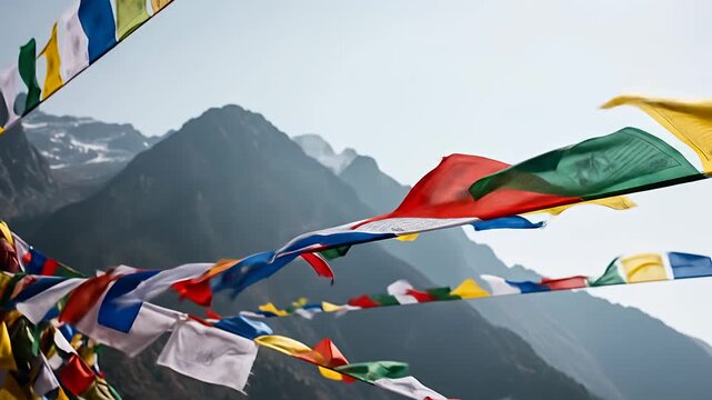 Colorful Tibetan Buddhist prayer flags flutter high in majestic Himalayan mountains