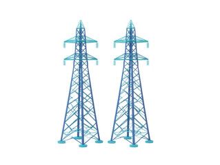 Two blue metal electricity pylons with lattice structure, isolated on transparency background, industrial design, energy transmission, modern infrastructure, clean and minimal style