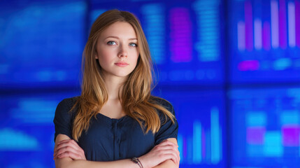 Obraz premium Confident young woman with long hair standing in front of digital display, showcasing financial graphs and data. blue background adds modern and professional touch