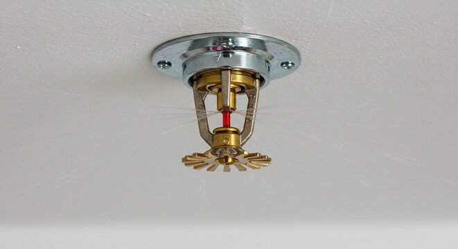 Activating sprinkler system on a white ceiling shows a home safety sprinkler spraying water for fire prevention.