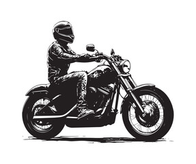 High-contrast monochrome vector art of lone motorcycle rider in leather jacket and helmet, vintage cruiser bike silhouette design in EPS format