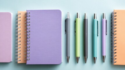 Colorful Notebooks and Pens Arranged on a Light Surface for a Creative Workspace Setup