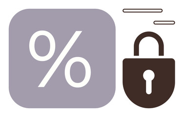 Percentage symbol inside a square alongside a lock with keyhole and motion lines. Ideal for security, privacy, financial safety, encryption, cost analysis, savings, technology. Simple flat metaphor