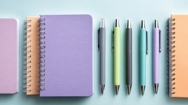 Colorful Notebooks and Pens Arranged on a Light Surface for a Creative Workspace Setup