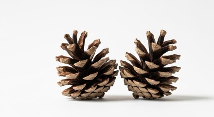 Two Brown Pine Cones on White Background in Minimalist Style