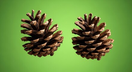 Fototapeta premium Two Brown Pinecones on Bright Green Background for Nature or Craft Projects