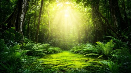Fototapeta premium Lush Green Rainforest Path Sunlight Mossy Trail