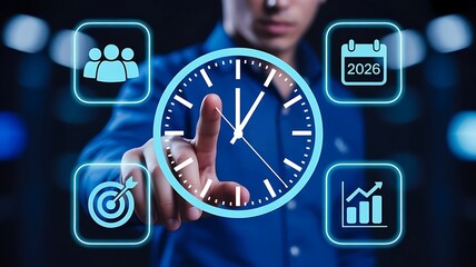Person Interacting with a Digital Clock and Business Concept Icons on a Dark Background 