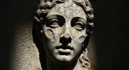 Ancient Stone Sculpture of Female Face with Wavy Hair in Dramatic Lighting