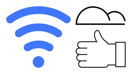 wireless signal icon, outlined cloud, and thumbs-up gesture emphasizing technology, connectivity, approval, and user satisfaction. Ideal for digital communication, cloud storage concepts, and simple