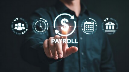 Man Using Payroll Interface with Dollar and Calendar Icons on Dark Background