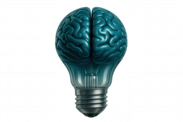 Brain glowing turquoise inside illuminated light bulb, representing creative cognitive process and intellectual innovation