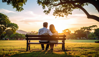 Couple sitting on wooden bench in park during sunset, enjoying peaceful moment with warm sunlight and green trees around, creating romantic and calm atmosphere