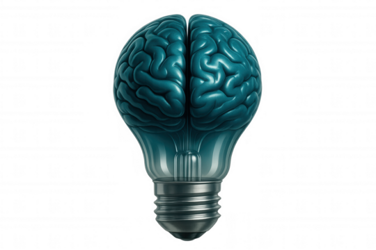 Brain glowing turquoise inside illuminated light bulb, representing creative cognitive process and intellectual innovation