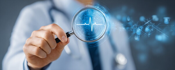 Male doctor using a magnifying glass to examine virtual medical screen with heart data. Cardiologist analyzing digital healthcare interface. Futuristic diagnostic technology.