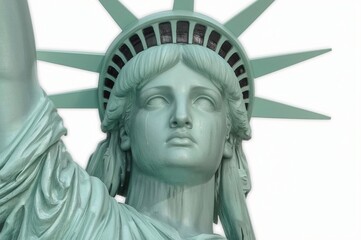 Weeping Statue Liberty, NYC closeup, sorrow, white background, patriotic