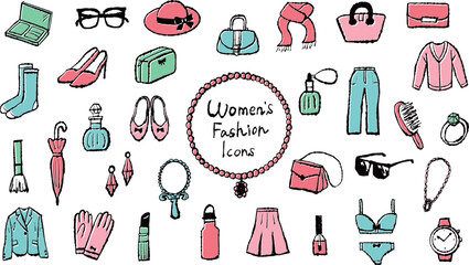 手描きの女性ファッションアイテムのイラストセット