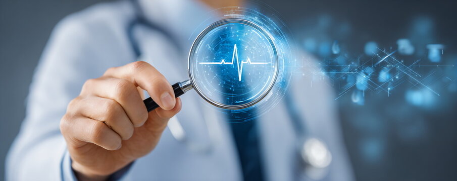 Male doctor using a magnifying glass to examine virtual medical screen with heart data. Cardiologist analyzing digital healthcare interface. Futuristic diagnostic technology.