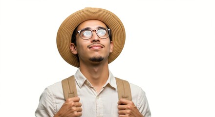 Young man wearing a hat and backpack looking up with a thoughtful expression, against a clean white background.